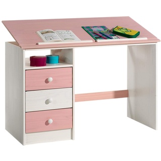 IDIMEX Kinderschreibtisch Kevin aus Kiefer in weiß/rosa, schöner Schülerschreibtisch mit Neigungsverstellung, praktischer Schreibtisch mit 3 Schubladen und Ablagefach