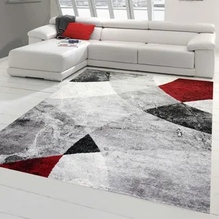 Moderner Wohnzimmer Teppich abstraktes Wellen Rauten Design marmoriert in rot grau - pflegeleicht Größe 140x200 cm