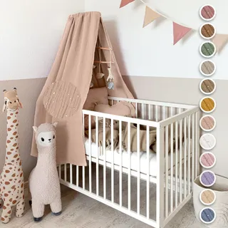 lilimaus Betthimmel Babybett mit Gold Applikation in 12 Farben [inkl. Himmelstange] - Himmel Babybett aus 100% Baumwolle Musselin für Mädchen & Jungen - Himmelbett mit Stange - Kinder Babyzimmer Deko