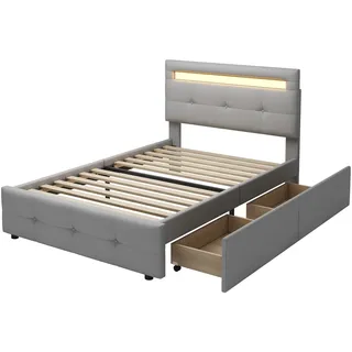 Polsterbett 90x200 mit LED-Beleuchtung, 2 Schubladen, gepolstertes Holzgestell, Fernbedienung, eleganter Stil, Grau