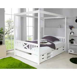 TICAA Himmelbett Lino 140 x 200 cm inkl. Bettschubkästen Marlies und Rollrost weiß