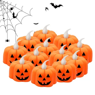 12 STÜCKE Halloween Kürbis Teelichter Kerzen Flammenlose Teelichter Batteriebetriebene LED Kerzen Orange Laternen für Halloween Dekorationen Tisch/Party/Aussen/Innen, Warmes Weißes Flackern