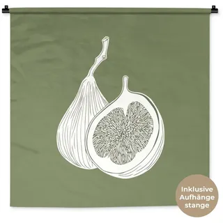MuchoWow Wandteppich Feigen - Minimalistisch - Gezeichnet - Moosgrün, Quadratisch, Höhe: 3 mm, Wandtuch für Wohnzimmer, Schlafzimmer, 90x90 cm Quadratisch | 90 cm x 90 cm x 3 mm
