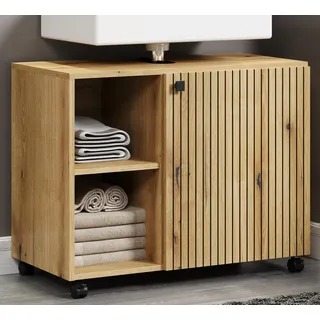 Furn.Design Waschbeckenunterschrank Bliss (Badschrank in Evoke Eiche mit schwarz, 4 Fächer, Breite 80 cm) auf Rollen beige