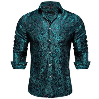 Smoking Style Herren Seidenhemd Langarm mit Paisley Muster für Events (M Pfauenblau)