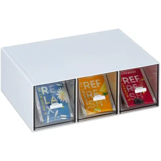 Relaxdays Tee Organizer 3 Fächer, Kunststoff, vertikal oder horizontal, stapelbar, Teebeutelspender, weiß/transparent