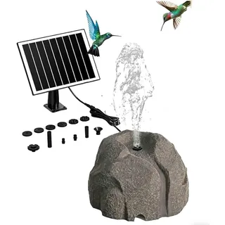 Realistischer Granitfelsen Solar Vogeltränke Brunnen Harz Granit Felsenbrunnen mit 10 Düsen Solarbetriebene Outdoor Vogeltränke Wasserspiel für Garten, Terrasse, Teich