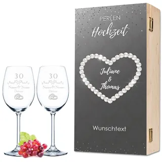 GRAVURZEILE Leonardo Weingläser mit Gravur - Perlenhochzeit Design - Personalisiert mit Namen & Datum inkl. Holzkiste - Geschenk zur Hochzeit Verlobung Jahrestag Farbe Daily