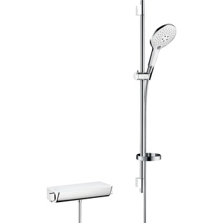 Duschsystem HANSGROHE "Aufputz 15cm, 3 Strahlarten mit Thermostat und Duschstange 90cm" Brausegarnituren weiß (weiß, chrom) Duschsysteme