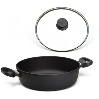 Hoffmann Germany Schmorpfanne Hoffmann STONIQ Bräter rund Ø 28 cm IQ-SHIELD PFAS-frei mit Deckel, Aluguss (Set, 2-tlg., 1x Schmorpfanne Ø 28 cm + 1x Glasdeckel), Seitengriffe, PFAS-frei, 3,3 l, Ø 28 cm schwarz