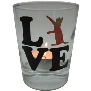 Teelicht Glas Windlicht print "Love Katze steht" anthrazit/bunt Ostern Handmade