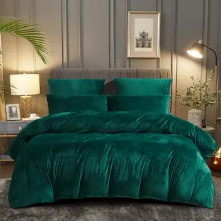 DXHOME Winter Plüsch Bettwäsche 135x200cm Grün Dunkelgrün Warme Kuschelbettwäsche Flauschig Cashmere Touch Bettbezug mit Reißverschluss + 1 Kissenbezug 80x80 cm