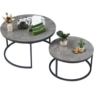 Soayone Couchtisch Rund 2er Set, Grau Marmor Couchtisch mit Grau Metallgestell, Beistelltisch Rund, Wohnzimmertisch Modern, Satztische fürs Wohnzimmer Schlafzimmer Balkon