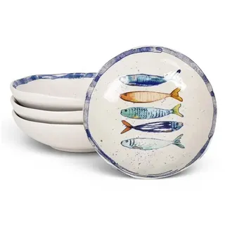 WestCraft Speiseteller Teller, mediterran mit Sardinen-Motiv, Maritime Suppenteller 21 cm, (4 St), 4er Set, hochwertig und robust - langlebig und vielseitig einsetzbar weiß