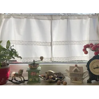 Leinenshop24 Landhaus Gardinen Set 2 St 100% Baumwolle Natur Weiß mit Spitze 60x40cm/Gesamt 120cm breit Shabby Chic Retro Vintage Lina