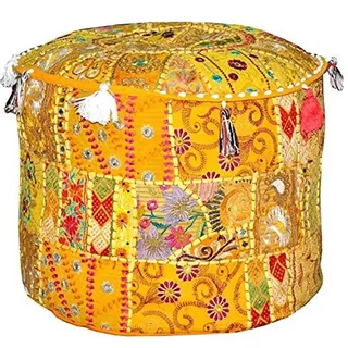 Aakriti Gallery Indischer Fußhocker, Ethno-Stickerei, Ottoman-Pouf-Bezug, Baumwolle, rund, Gelb, 55,9 x 35,6 cm