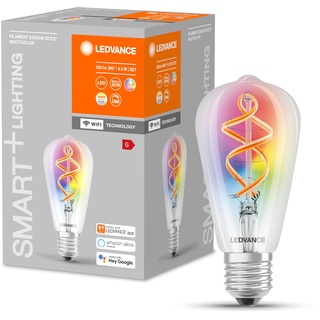 LEDVANCE Smarte LED-Lampe mit Wifi Technologie, E27, RGB-Farben änderbar, Edisonform, Farbiges Filament als Stimmungslicht, Ersatz für herkömmliche 60W-Glühbirnen, steuerbar mit Alexa, Google & App