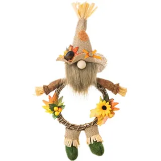 Super Idee Herbstkranz Türkranz Süßer Wichtel Figuren mit Hut aus Jute Nase Bart Künstliche Ahornblätter Eicheln und Blumen Aufhängen für Haustür, Kamin und Wanddekoration Türschild zum Aufhängen