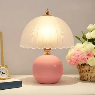 Mengjay Tischlampe Vintage Keramik,Moderne Nachttischlampe mit Kabel,Deko Lampe Wohnzimmer E27 Klein Glas Tischleuchte Nachtlicht Schreibtischlampe für Schlafzimmer,Wohnzimmer,Büro (Rosa)