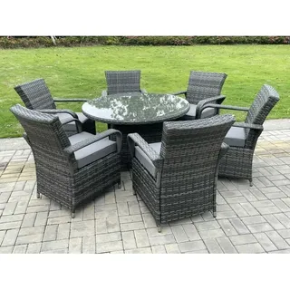 Fimous - 6-Sitzer Rattan Gartenmöbel Set Polyrattan Essgruppe Gartenlounge Wetterfest Stühle Runde Tische mit Glas für Rasen, Terrasse,Dunkelgrau