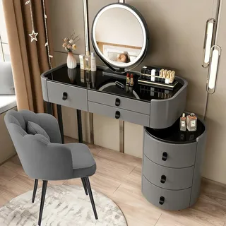 MJKCBD Schminktisch mit Spiegel und Stuhl, Klassiker Grau Frisiertisch mit Hochglänzende Platte aus Gehärtetem Glas, 6 Schubladen & Seitenschrank, 100cm Kosmetiktisch für Schlafzimmer, PU-Lederoptik