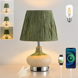JHYPVII Kabellose Keramik Tischlampe mit Touch Dimmbar, E27 Batteriebetriebe Tischleuchte mit Ladefunktion USB A+C Anschlüssen Grün Lampeschirm Tragbare Nachttischlampe für Schlafzimmer Wohnzimmer