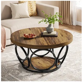 Tribesigns Couchtisch Runde Kaffeetisch Beistelltisch, Industrial 2-Tier-Kreis Holztisch, Bauernhaus Große Runde wohnzimmertisch, Moderne Braune Teetisch braun
