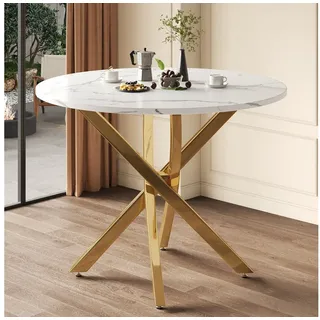 Flieks Esstisch runder Tisch Multifunktionstisch (galvanisierte Tischbeine mit verstellbaren Fußpolstern in goldfarben, 1-St., 1 Tisch, B80xH75 cm), moderner Küchentisch Arbeitstisch, Tischplatte in weißer Marmoroptik weiß
