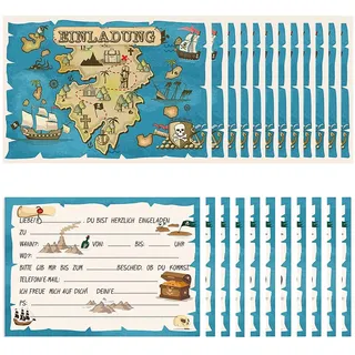 TAKONE 12 Piraten Einladungskarten Kindergeburtstag Schatzkarte | 12 Stück Einladungskarten; Piraten Schatzkarte Design; Kindergeburtstag Party; Papiermaterial; 10.8x15.3cm