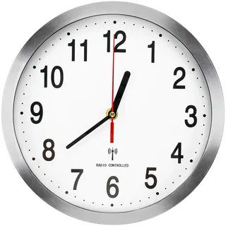 Lawei Funk Wanduhr Funkuhr aus Aluminium Wanduhren Küchenuhr Automatische Umstellung - Silber, 25cm