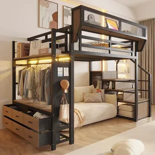 Merax Hochbett Etagenbett 140x200 cm mit LED und Kleiderstange, Metall mit Stoffschublade und Ablagekorb, Kinderbett mit Leiter und Stauraum, Schwarz - Schwarz