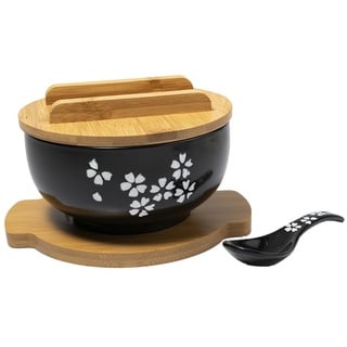 lachineuse - Große asiatische Schale aus Porzellan – Suppe & Nudeln – Schwarz – 16 cm – japanischer Sakura-Stil – Fassungsvermögen 1000 ml – Löffel, Essstäbchen & Ständer – Deko Geschenk japanisches