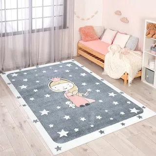 Kinderteppich CARPET CITY "ANIME893", grau, B:190cm H:11mm L:280cm, Polypropylen (PP), Teppiche, Kinderteppich, Kinderzimmer Teppich Modern mit Mond, Blumen, Wolken, Creme, Multi
