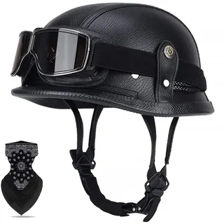 Labzaa Deutsche Leder Motorrad Halbhelme mit ECE, Retro Moped Helm Chopper Halbschalenhelm JetHelm mit Brille Sonnenblende und Schnellverschlussschnallen für Cruiser Chopper Biker Moped S L