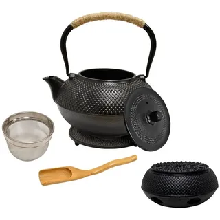 ad.con Japanische Teekanne aus Gusseisen 1,5L mit Stövchen und Edelstahlsieb Schwarz für losen Tee im asiatischen Stil