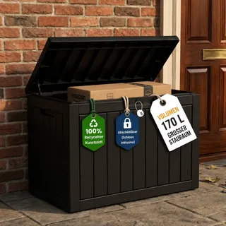 Olsen & Smith 170 L abschließbare Gartenbox für Terrasse & Außenbereich | Wasserdicht & Wetterfest, Inkl. Vorhängeschloss, 100 % Recycelt, Für Pakete & Auflagen, Kissenbox, Draußen, Balkon & Terrasse