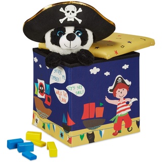 Relaxdays Sitzhocker Kinder, Piraten-Design, Sitzbox faltbar, mit Stauraum, Sitzwürfel, HxBxT 31 x 31 x 31 cm, blau-gelb, 1 Stück