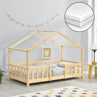 Kinderbett Treviolo 70x140 cm mit Kaltschaummatratze und Gitter Holz Natur