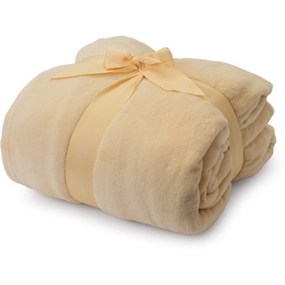 Lumaland Sofa Kuscheldecke mit Ärmel & Fußtasche | 150 x 180 cm warme Wohndecke | Flauschige Decke aus Coral Fleece mit Tasche für Fernbedienung & Handy | Sofadecke & Couchdecke [Beige]