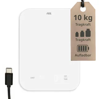 ADE Küchenwaage digital | aufladbar per USB-C | bis 10 kg auf 1 g genau | Lebensmittelwaage aus Glas mit Tara-Funktion | beleuchtete Anzeige | grammgenaue Essenswaage | in g, ml, oz | weiß