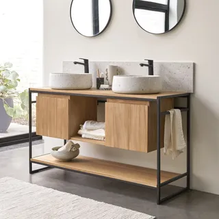 Waschtisch 140 cm aus Metall und Teakholz Doppelwaschtisch industrieller Stil