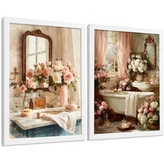 POSTER 2er-Set dekorative Badezimmerdrucke, romantischer Vintage-Stil, Bilder mit Rosen, Spiegelewanne, elegante, Wohndekoration Weißer Rahmen A4