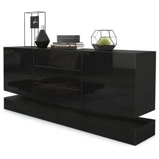 Vladon Sideboard City (Kommode, mit 2 Türen und 3 Schubladen), Schwarz matt/Schwarz Hochglanz (178 x 72 x 38 cm) schwarz