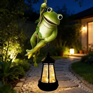 Solar-Frösche Garten-Außenstatuen, Weihnachts-Hänge-Kletterseil-Frosch an einer Rebe mit Laternen-Baumumarmer-Figur-Lichter für Außenhof-Kunst-Skulpturen Veranda Balkon Wanddekoration, lustige