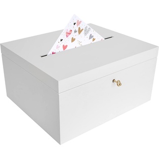 Creative Deco Aufbewahrungsbox Holzkiste Kartenbox Hochzeit 29x25x15 cm Holzbox mit Schlitz, Schloss und Schlüssel weiß