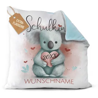 Print Royal PR Flauschiges Kissen zur Einschulung - Schulkind mit Name und Jahr personalisiert - Koala Kissen, personalisierte Geschenke zur Einschulung | Rückseite Hellblau, 40 x 40 cm