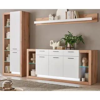 furn.design WOHNWAND weiß matt, Evoke Eiche, Wohnkombination Set 3-teilig 298 cm