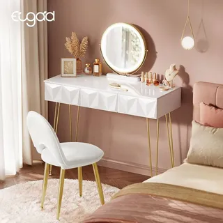 EUGAD Schminktisch mit Beleuchtung, drehbarem Spiegel, Metall, MDF, Weiß+Gold - Weiß