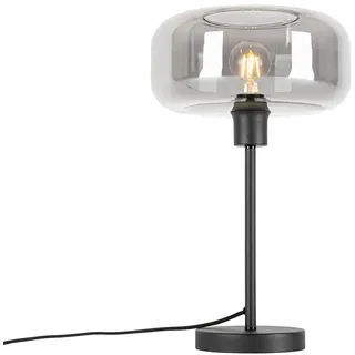 Qazqa Art Deco Tischleuchte mit Glas, Tischlampe - Bizle - Schwarz mit Rauchglas, Rund, max. 25W, Geeignet für LED, 46cm, Ideal als Schlafzimmerlampe und Wohnzimmerlampe