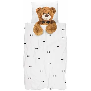 Snurk Kinderbettwäsche Teddy, Perkal, 2 teilig, Kuscheltier, Schleifen braun|weiß